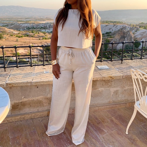 Pants - Linen wide leg long pant set in crème color